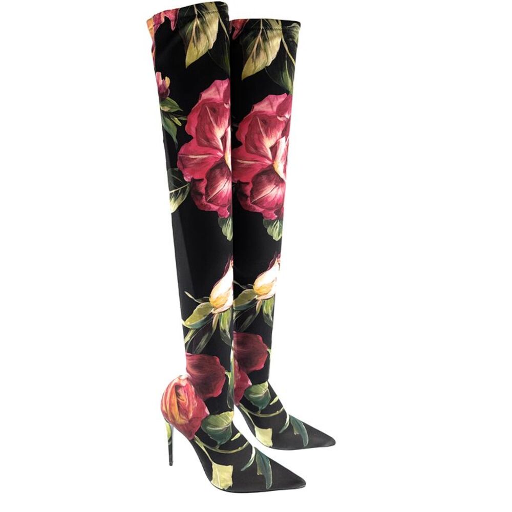 Dolce & Gabbana Black Stretch Floral Thigh-High Boots-EU37.5